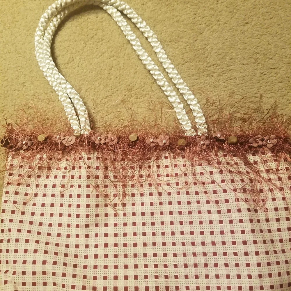 Pink Checked Tote Bag by Rosa with Beaded Trim